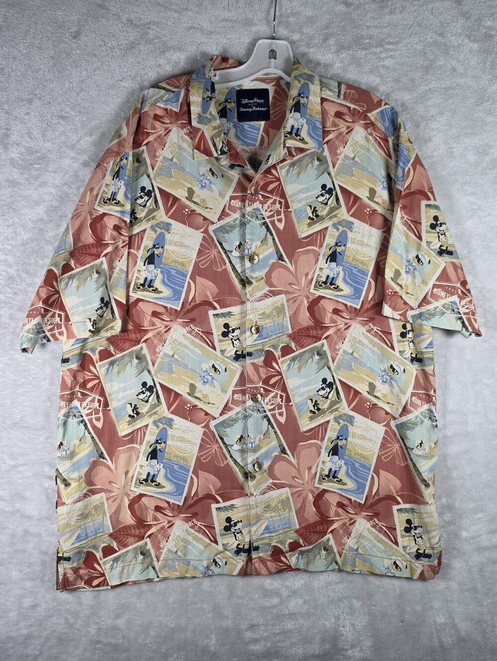 Tommy Bahama Disney Parks Camp Shirt Mens Large Red Mickey Friends Silk Postcard
